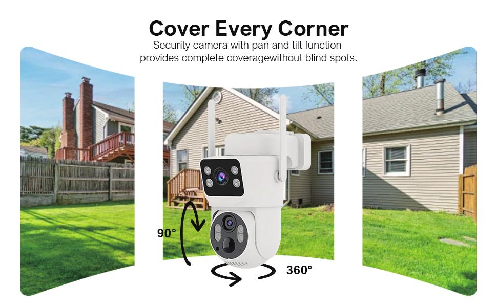 OOutdoor cameras positioned at the corners of a house and yard, showing complete property coverage