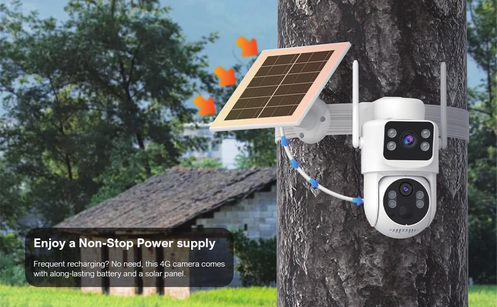Outdoor camera with integrated solar panel for wireless power